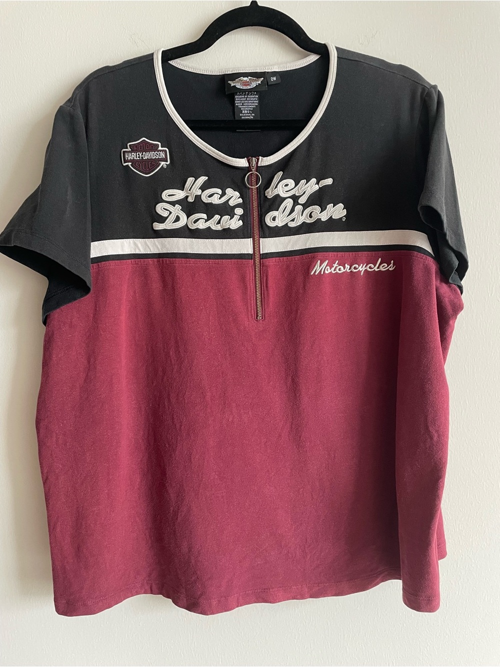 Harley Davidson T-Shirt Maroon Black 1/4 Zip Front Streetwear y2k biker 2W